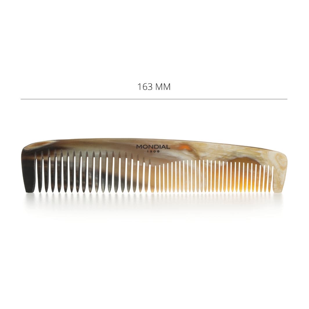 Dual Tooth Natural Horn Pocket Comb with Leather Case: 163mm.