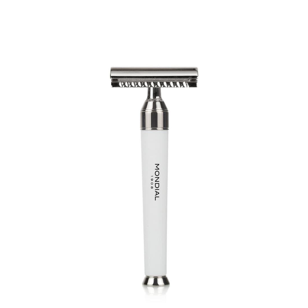 Premium Safety Razor with Handle in White Resin & Chrome.