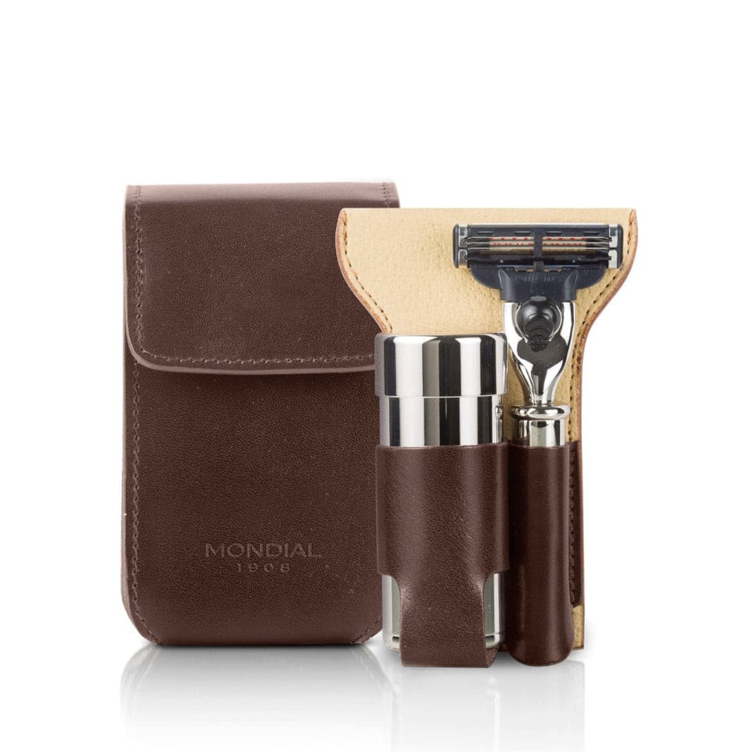 Shaving Travel Set with Brush + Razor in Tuscan Leather Case.