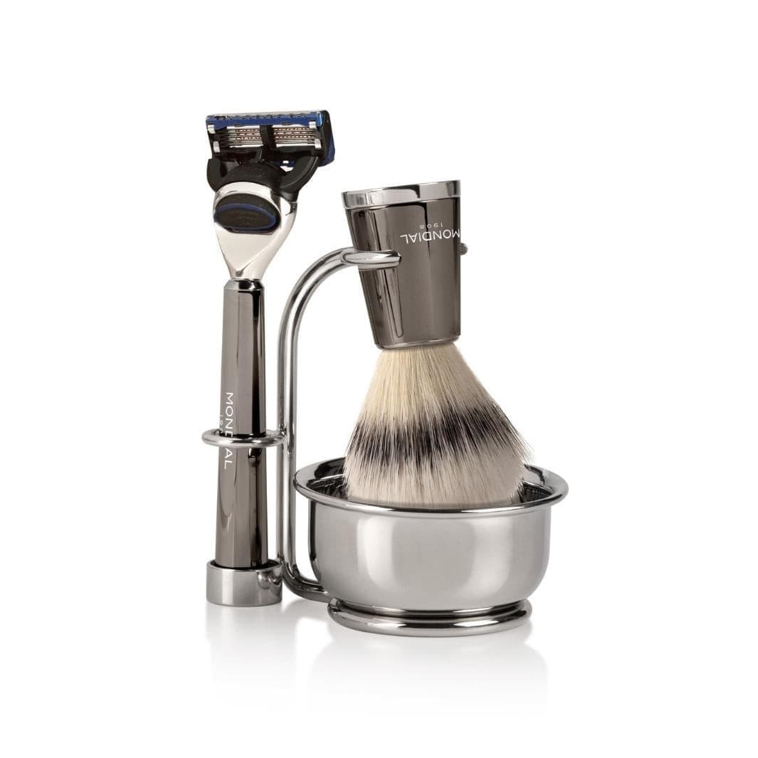Vespucci Ruthenium Shaving Set: Chrome Stand & Bowl + Super Badger Brush + Razor.