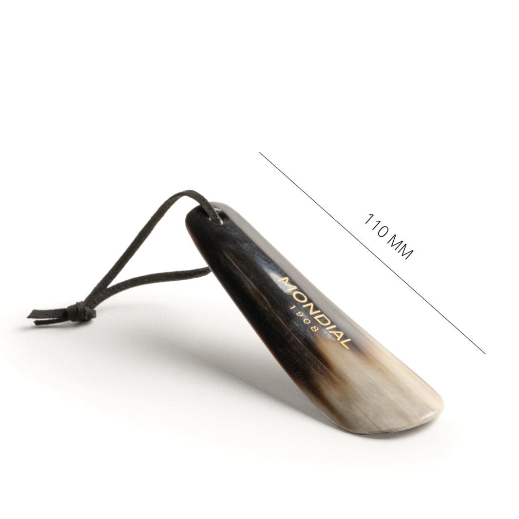 Small Shoehorn with Leather Handle Loop in Natural Horn: 110mm.