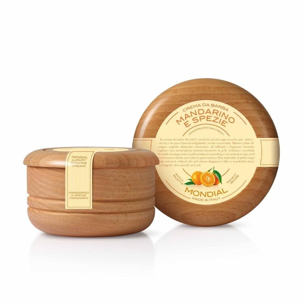 Mandarin & Spices Solid Shaving Cream in Wood Bowl 140ml.