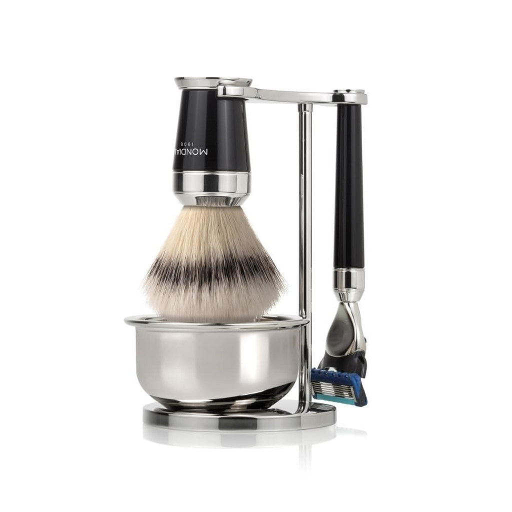 JAG 4pc Shaving Set - Silver Pointed Badger Hair Shaving Brush - 3 Edge Razor outlet Blade - Shaving Stand - Razor Bowl - Black Gift Set