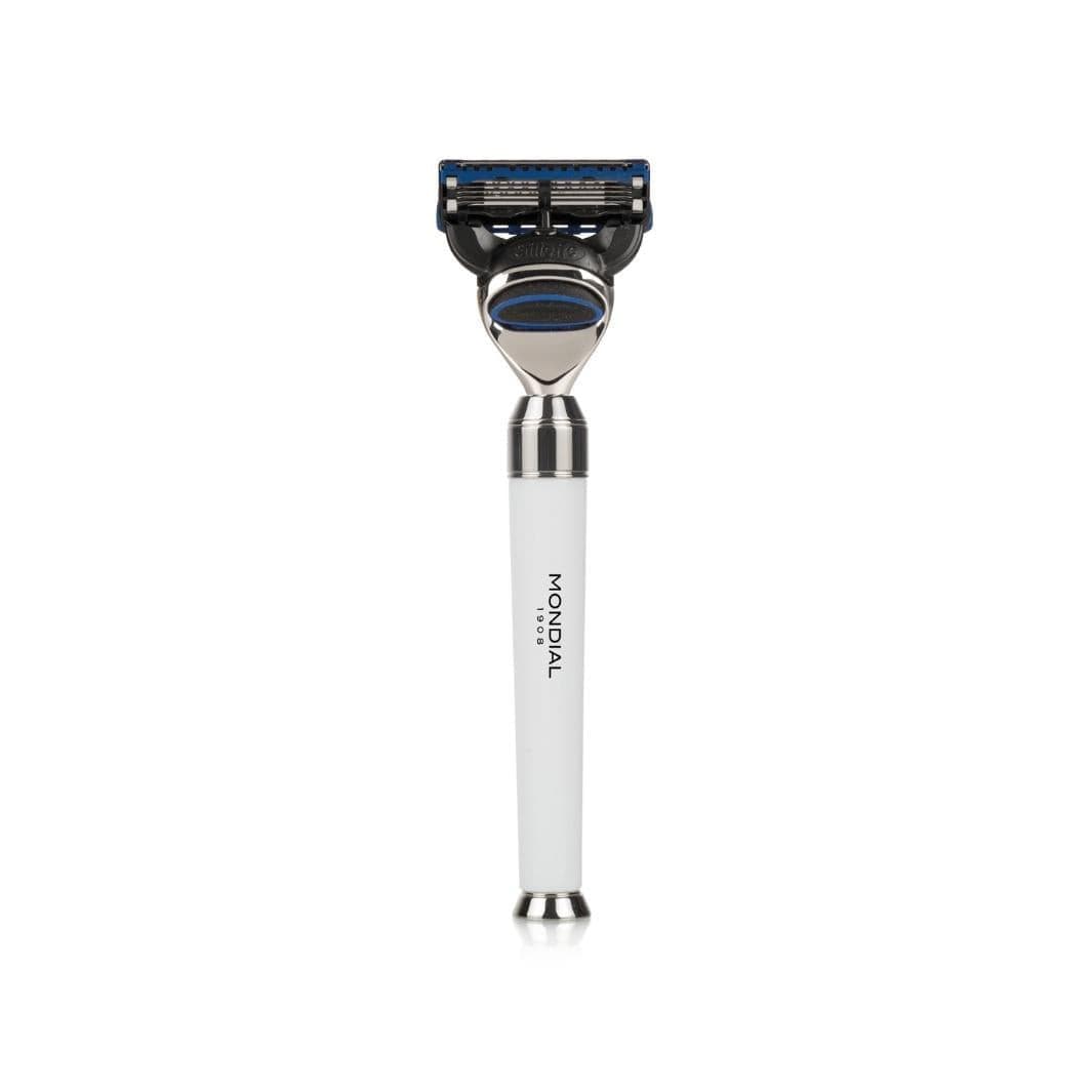 Premium White Shaving Set: Chrome Stand & Bowl + Super Badger Brush + Cartridge Razor.
