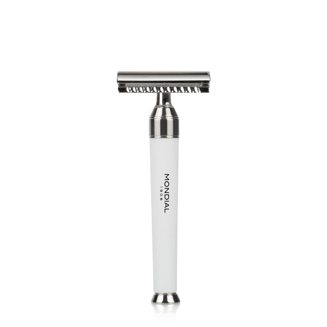Premium Safety Razor with Handle in White Resin & Chrome