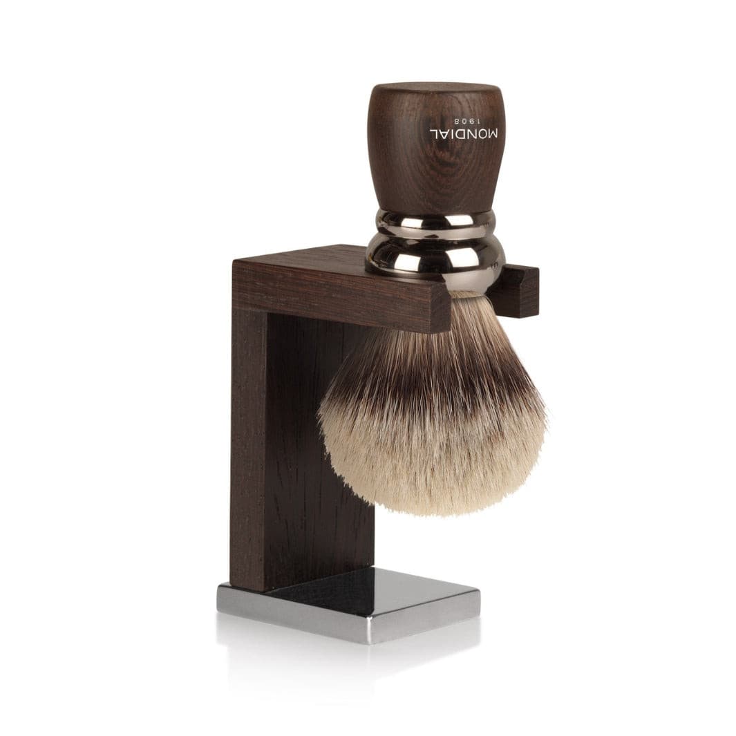 Prestige Wengé Wood Stand with Silvertip Badger Brush.