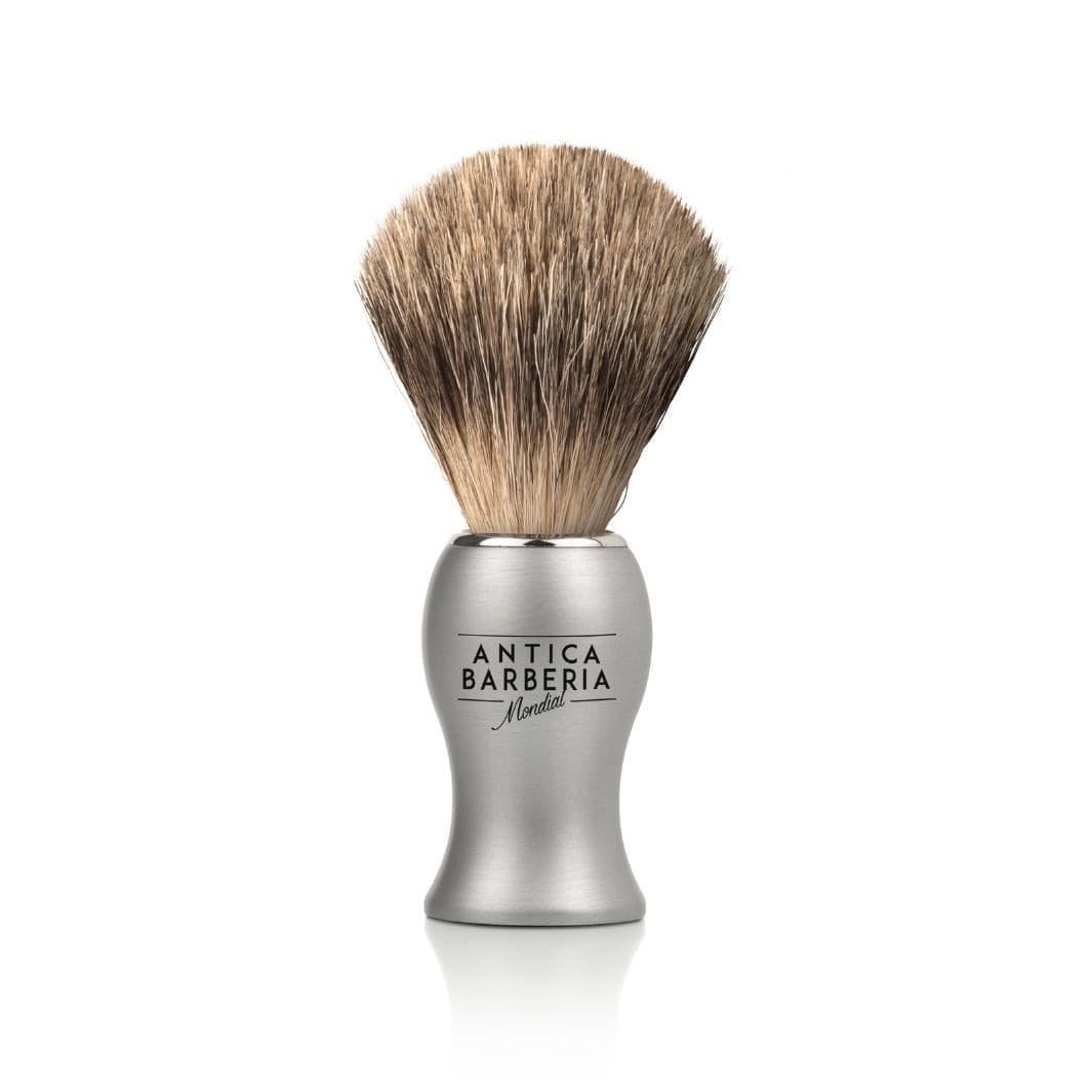 'Titan' Silver Brushed Aluminum Shaving Lather Brush with Best Badger.