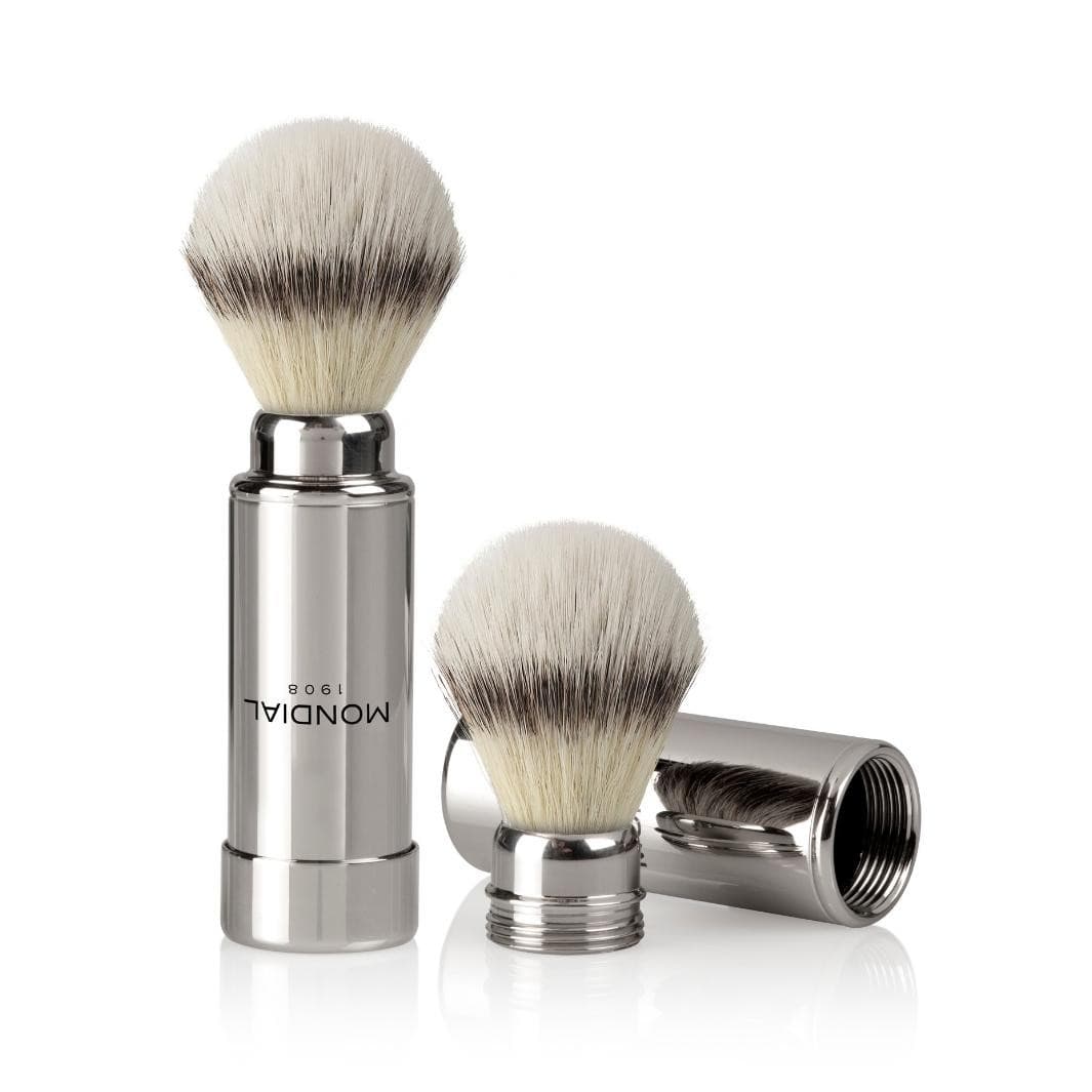 Two-Piece Chrome Travel Shaving Brush with Synthetic Silvertip.