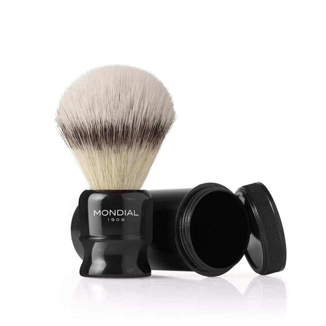 Travel Shaving Brush with Synthetic Silvertip Knot & Plastic Travel Tube.